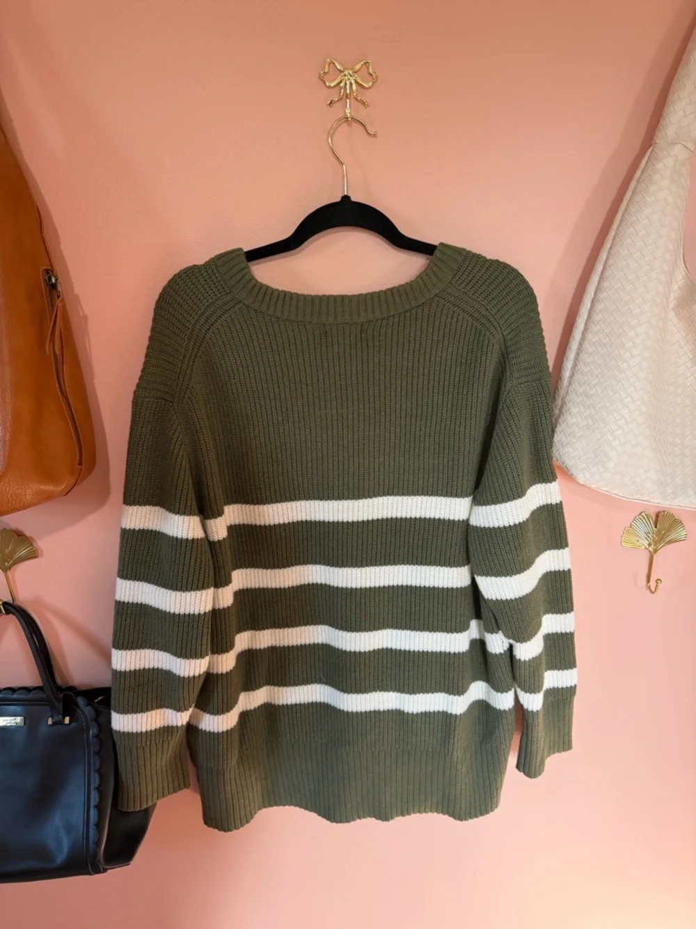 Olive Green & White Striped V-Neck Sweater - Picture 3 of 4